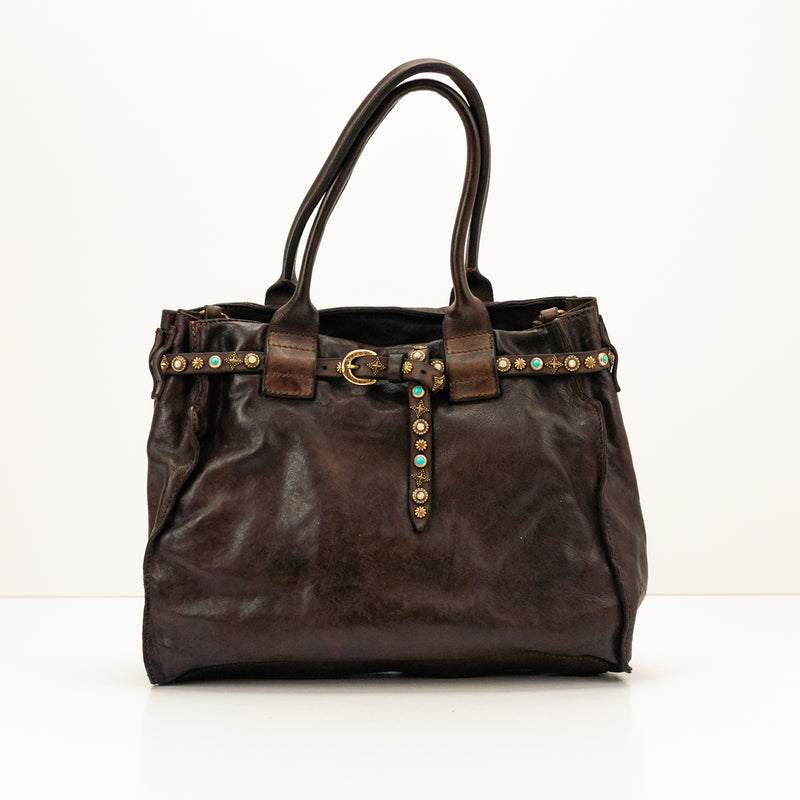 Bolso Campomaggi Rossella piel italiana envejecida marrón con tachuelas de bronce — Moksín