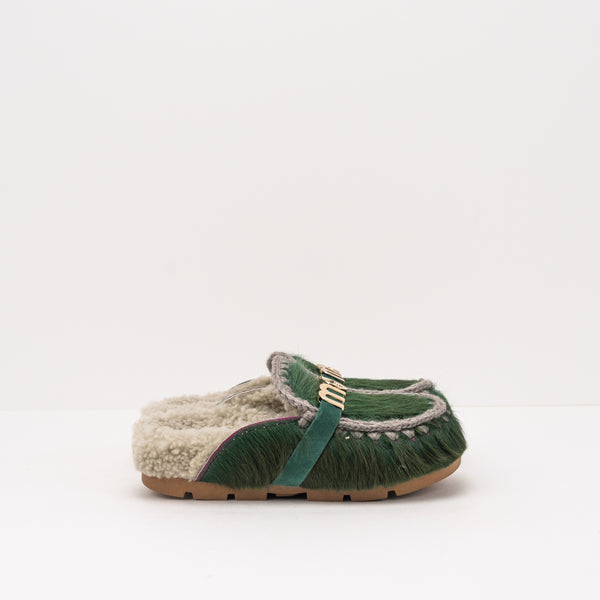 MOU -  MULE CLOGS - WINTER BIO SLIDE LONG HAIR PONYSKIN LETTER LOGO GREEN