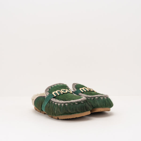 MOU -  MULE CLOGS - WINTER BIO SLIDE LONG HAIR PONYSKIN LETTER LOGO GREEN